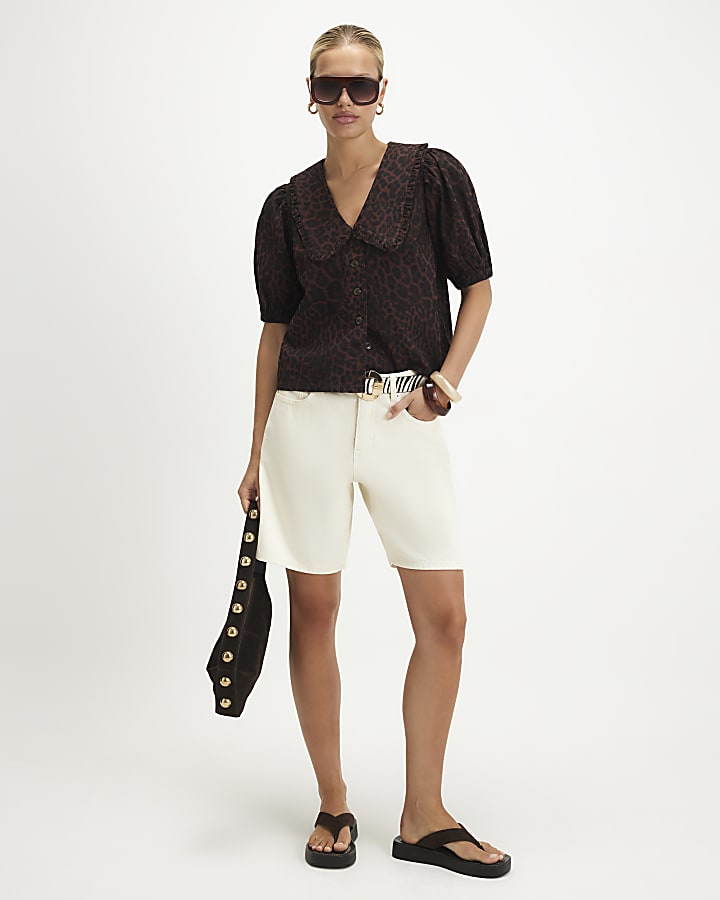 Brown Collared Leopard Print Denim Shirt