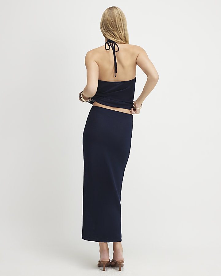 Navy Beaded Tie Midi Skirt