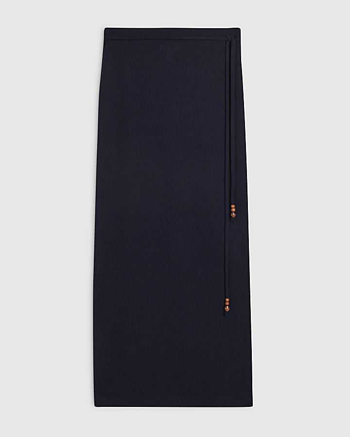 Navy Beaded Tie Midi Skirt