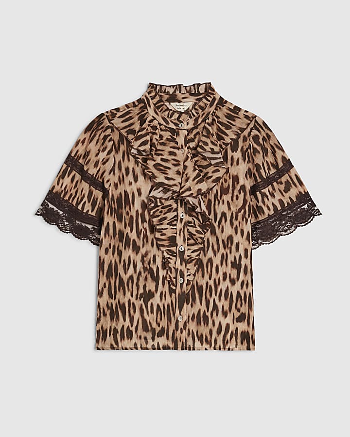 Beige Short Sleeve Leopard Ruffle Blouse