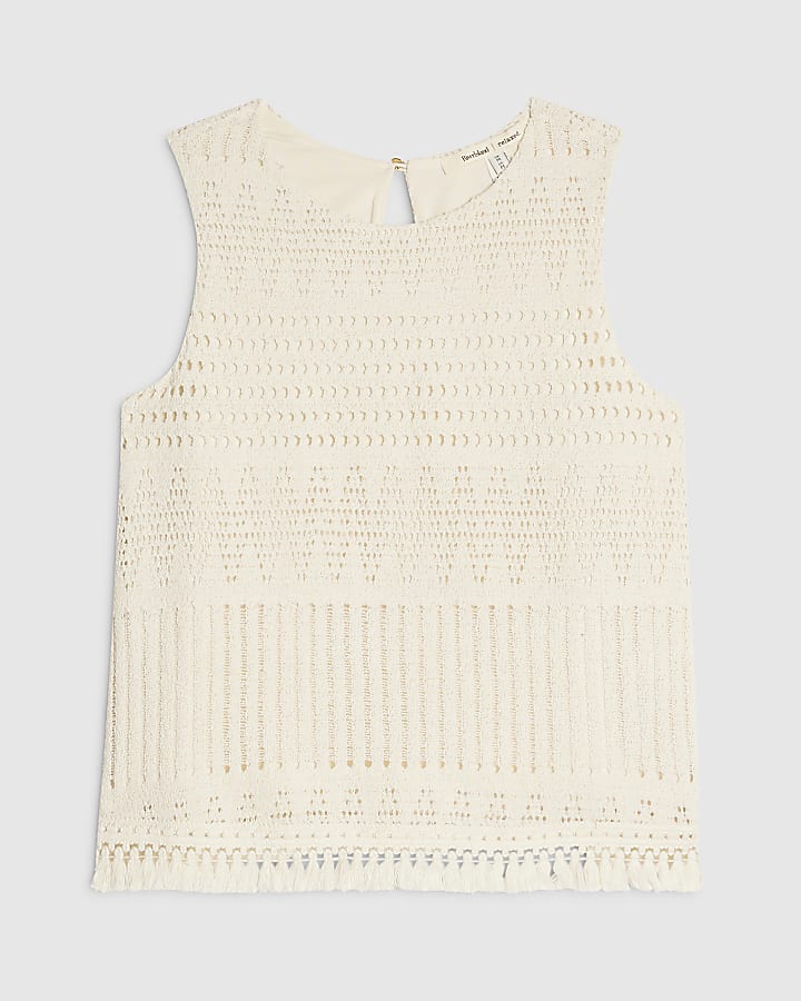 Cream Crochet Fringe Hem Tank Top