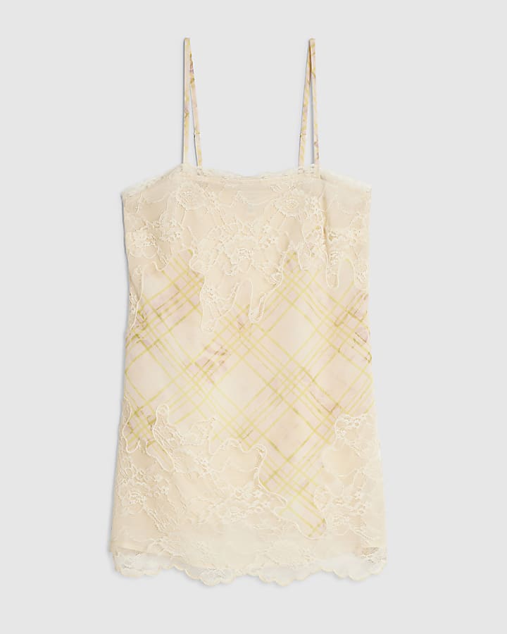 Cream Soft Check Lace Longline Cami