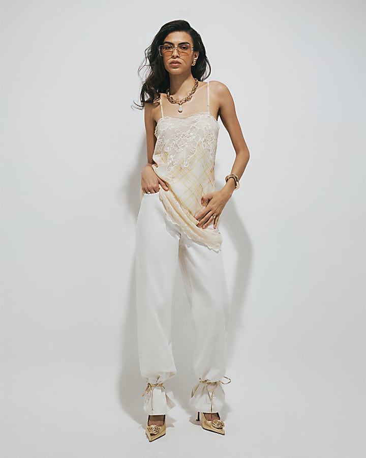 Cream Soft Check Lace Longline Cami