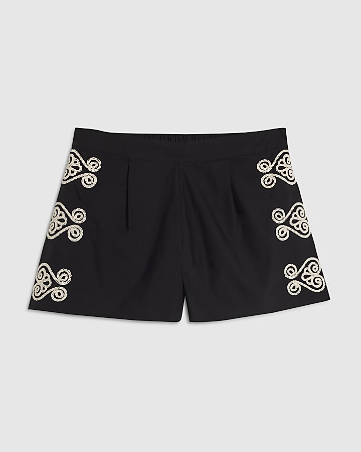 Black Poplin Embroidered Shorts