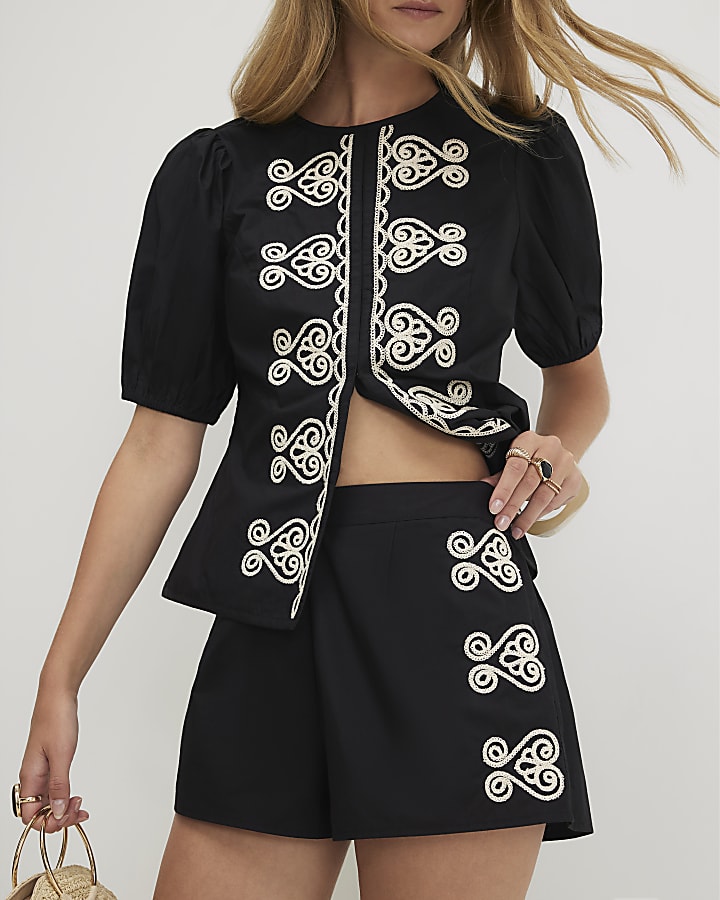 Black Poplin Embroidered Shorts