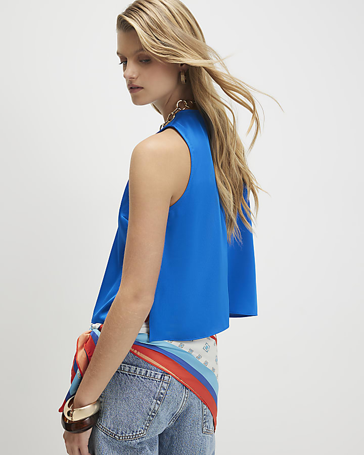 Blue Satin Racer Neck Top
