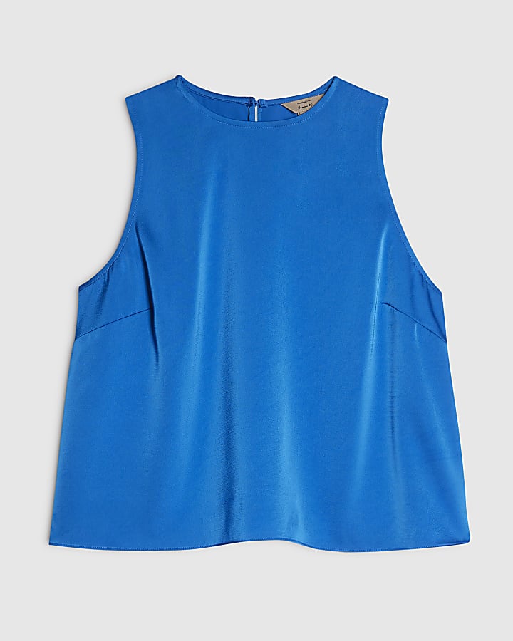 Blue Satin Racer Neck Top