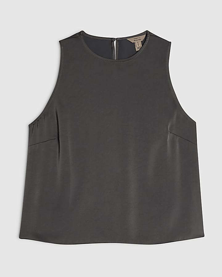Grey Satin Racer Neck Top