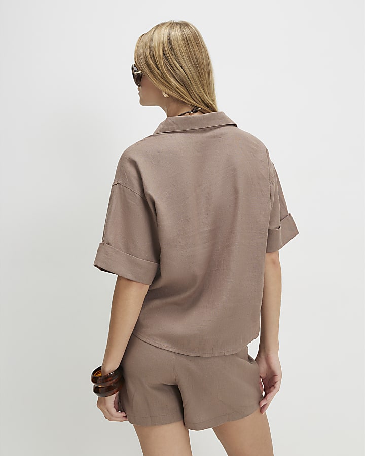 Beige Linen Blend Short Sleeve Shirt