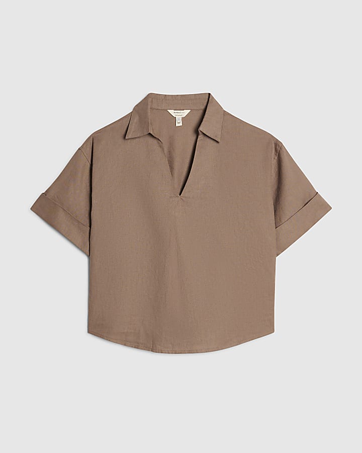 Beige Linen Blend Short Sleeve Shirt