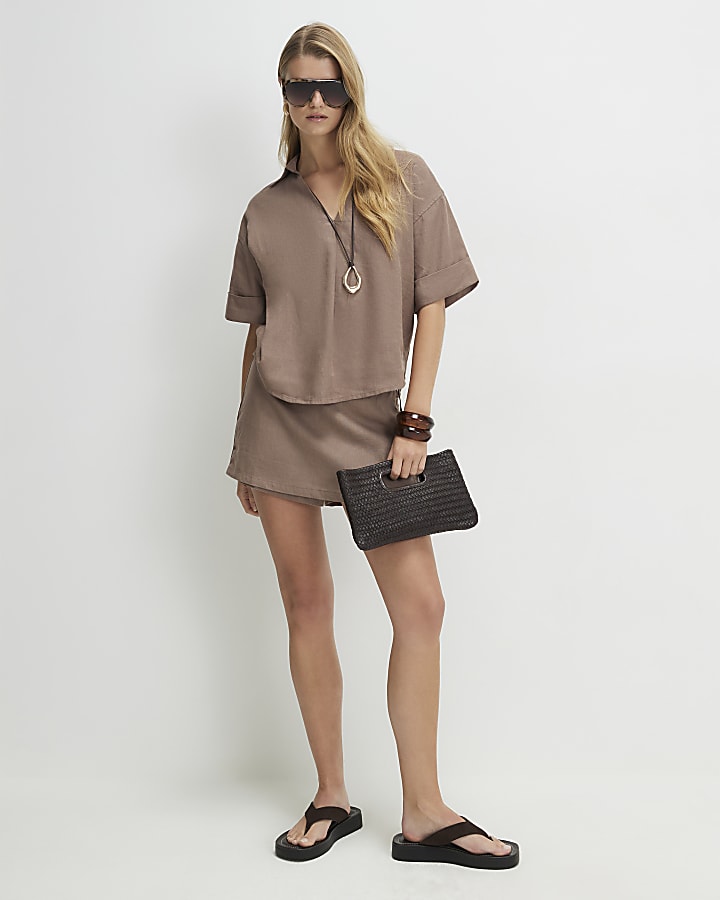 Beige Linen Blend Short Sleeve Shirt