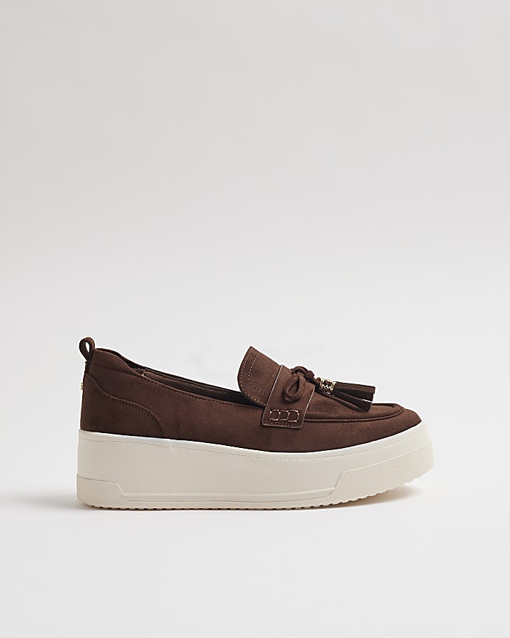 Brown Faux Suede Platform Tassel Loafers