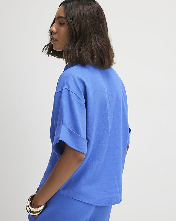 Blue Linen Blend Short Sleeve Shirt
