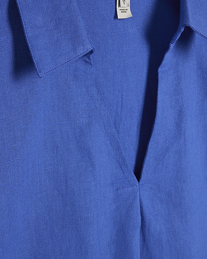 Blue Linen Blend Short Sleeve Shirt