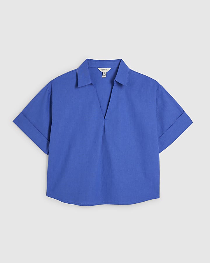 Blue Linen Blend Short Sleeve Shirt