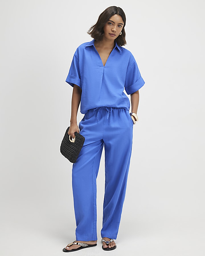 Blue Linen Blend Short Sleeve Shirt