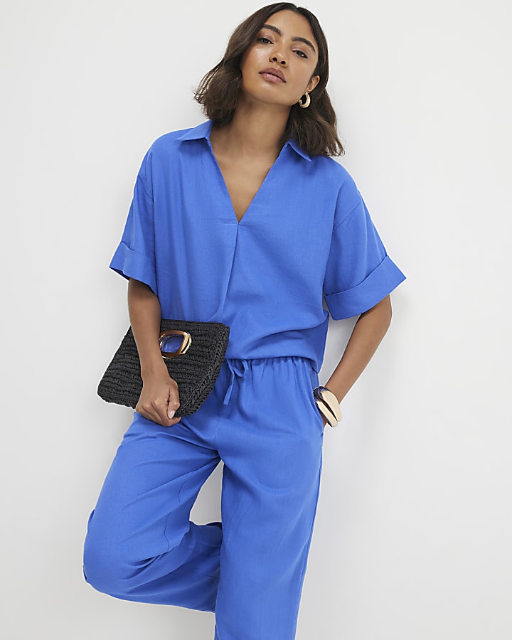 Blue Linen Blend Short Sleeve Shirt