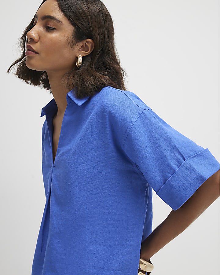 Blue Linen Blend Short Sleeve Shirt