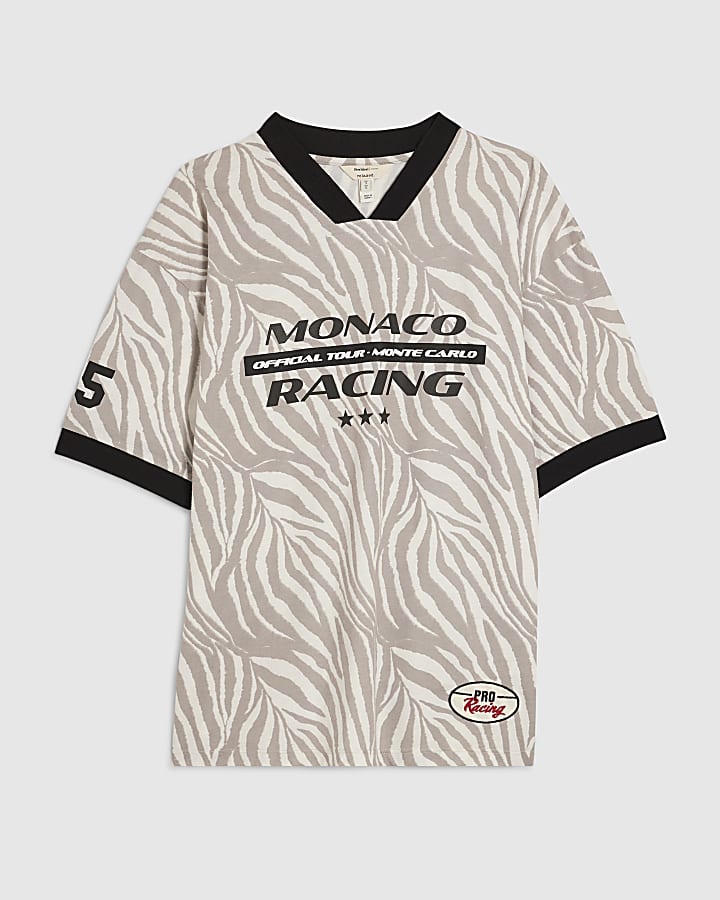 Grey V Neck Zebra Print T-shirt