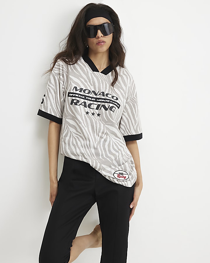 Grey V Neck Zebra Print T-shirt