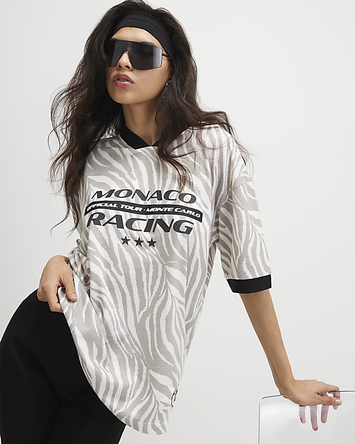 Grey V Neck Zebra Print T-shirt
