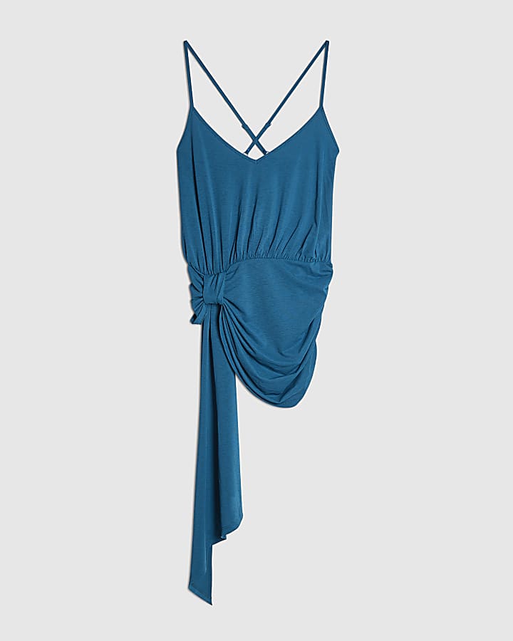 Blue Mesh Halter Tie Side Top