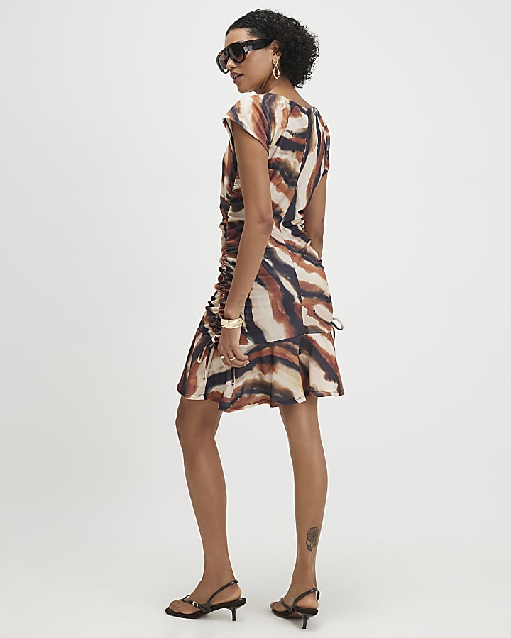 Brown Ruched Abstract Print Mini Dress
