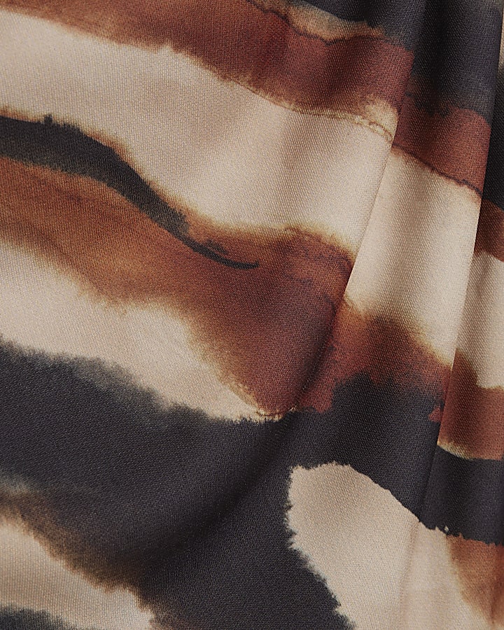 Brown Ruched Abstract Print Mini Dress