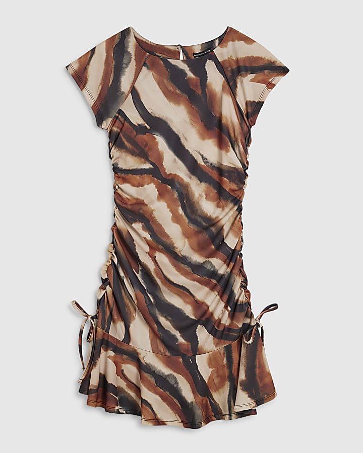 Brown Ruched Abstract Print Mini Dress