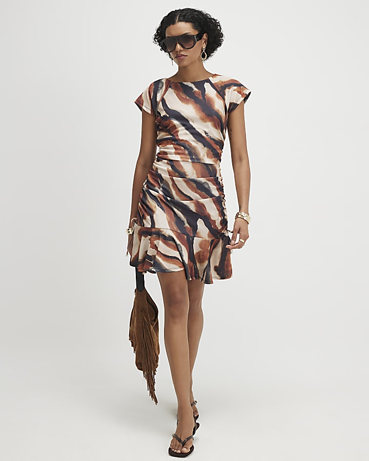 Brown Ruched Abstract Print Mini Dress