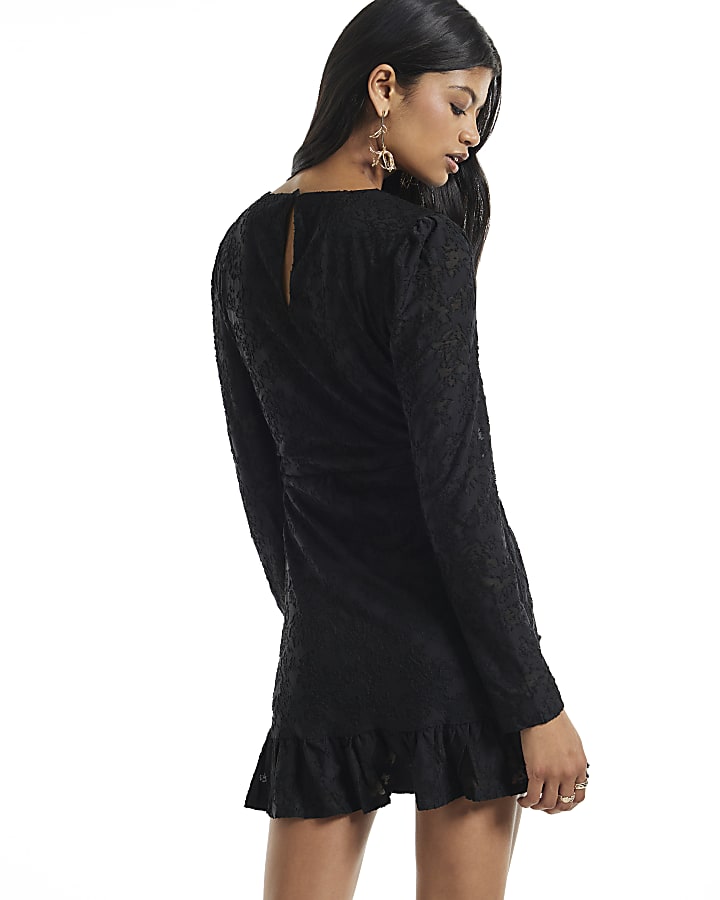 Black Burnout Long Sleeve Twist Mini Dress