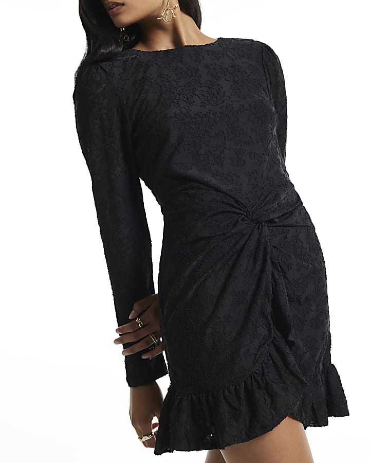 Black Burnout Long Sleeve Twist Mini Dress
