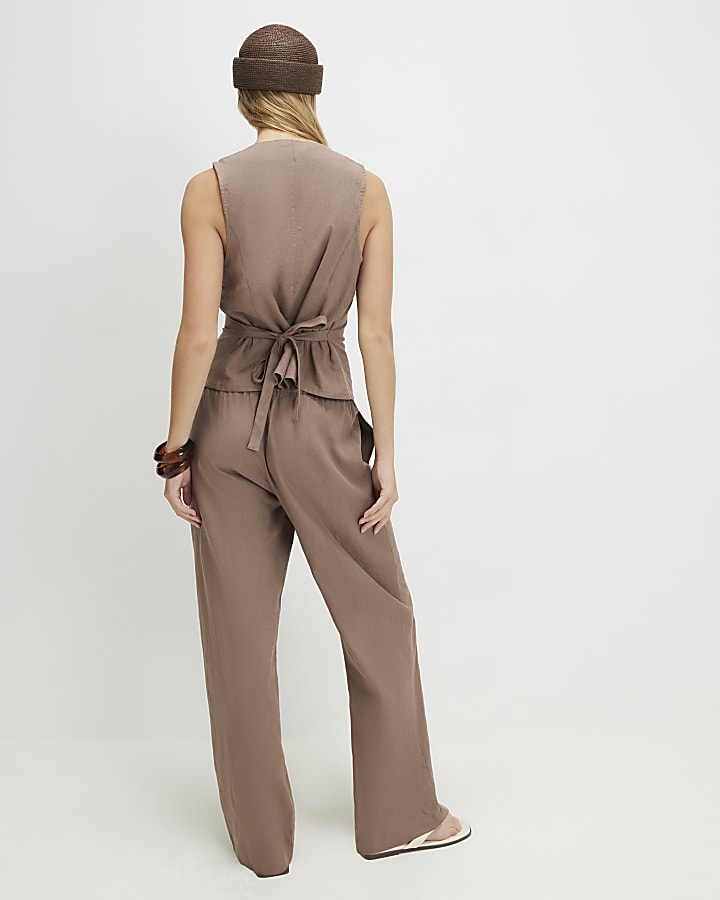 Beige Linen Blend Tapered Trousers