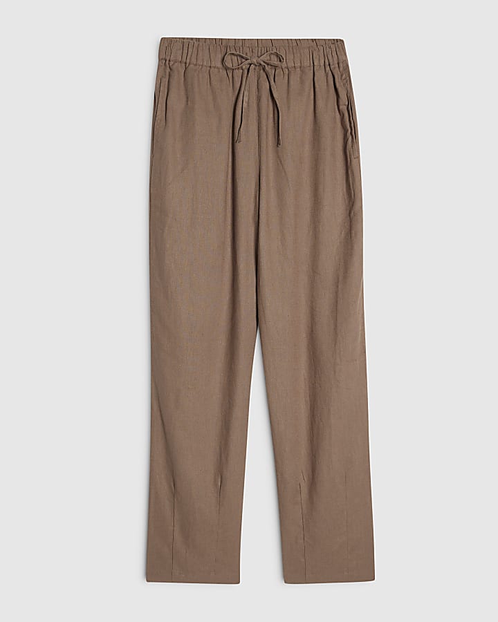 Beige Linen Blend Tapered Trousers