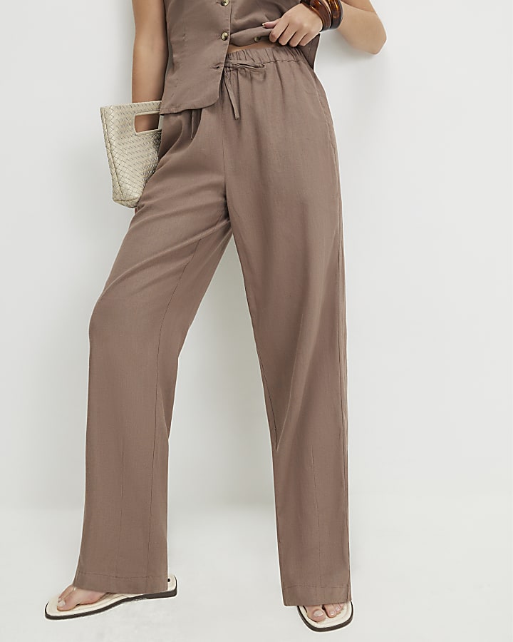 Beige Linen Blend Tapered Trousers