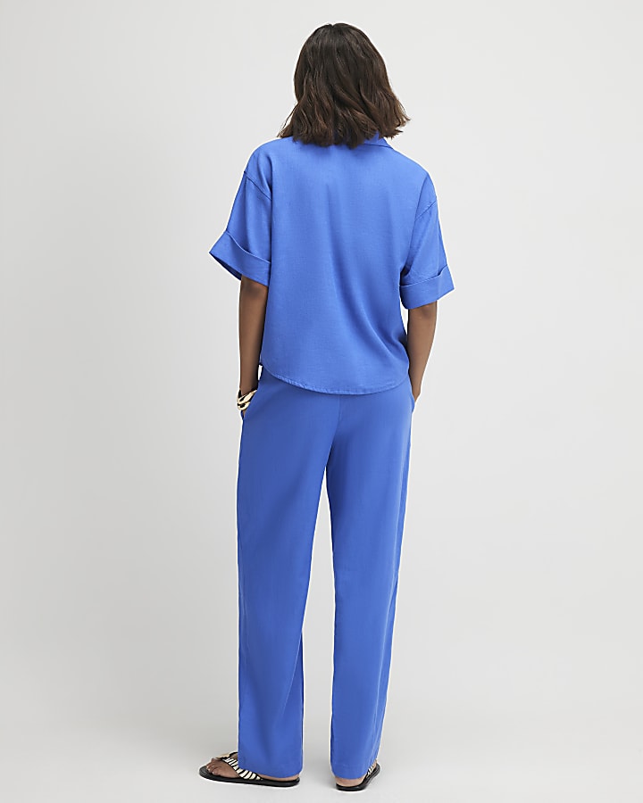 Blue Linen Blend Tapered Trousers