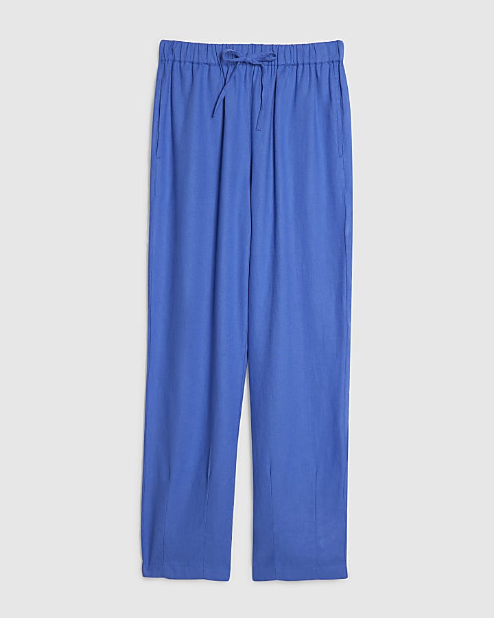 Blue Linen Blend Tapered Trousers
