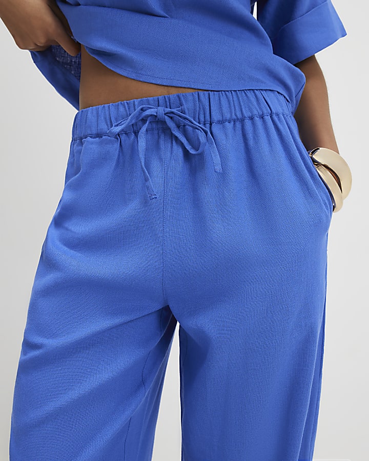 Blue Linen Blend Tapered Trousers