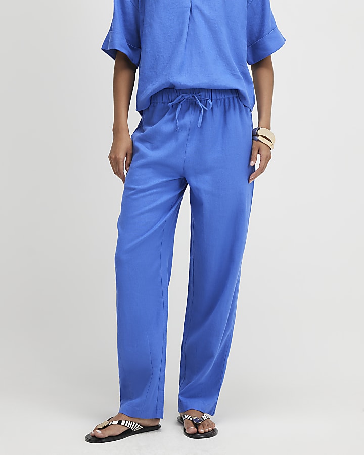 Blue Linen Blend Tapered Trousers