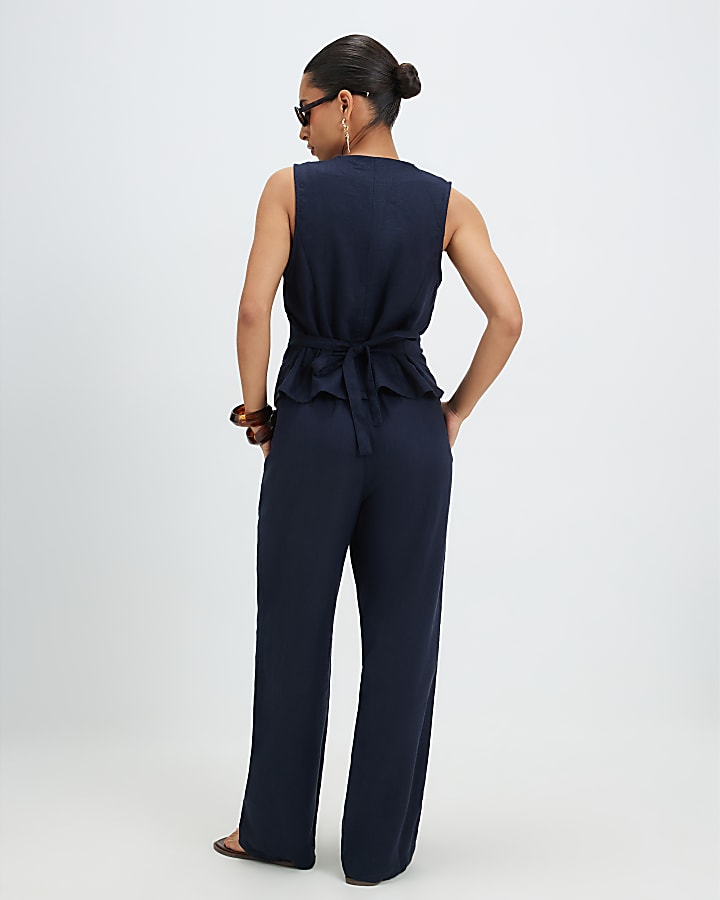 Petite Navy Linen Blend Tapered Trousers