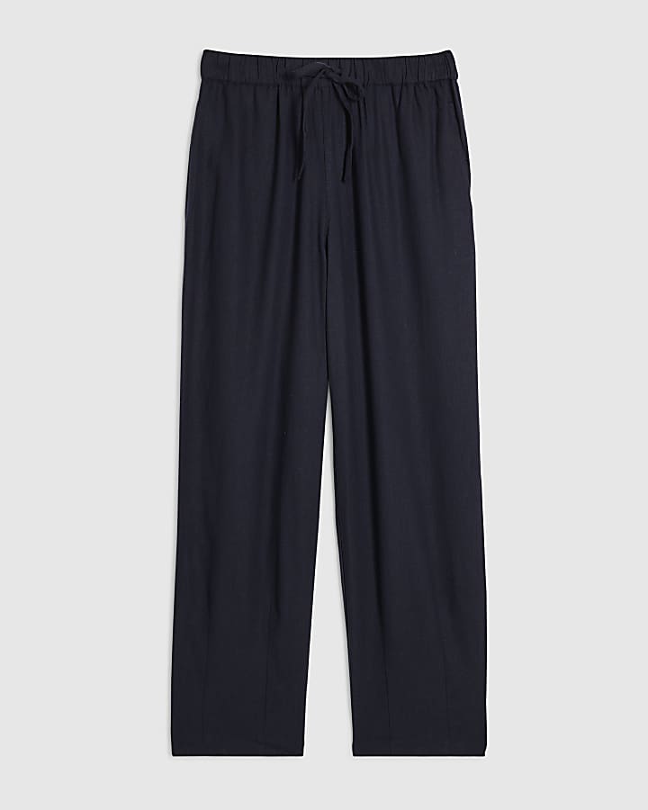 Petite Navy Linen Blend Tapered Trousers