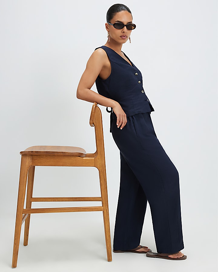 Petite Navy Linen Blend Tapered Trousers
