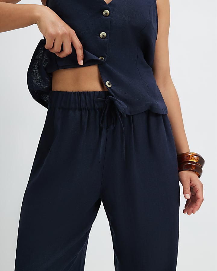 Petite Navy Linen Blend Tapered Trousers