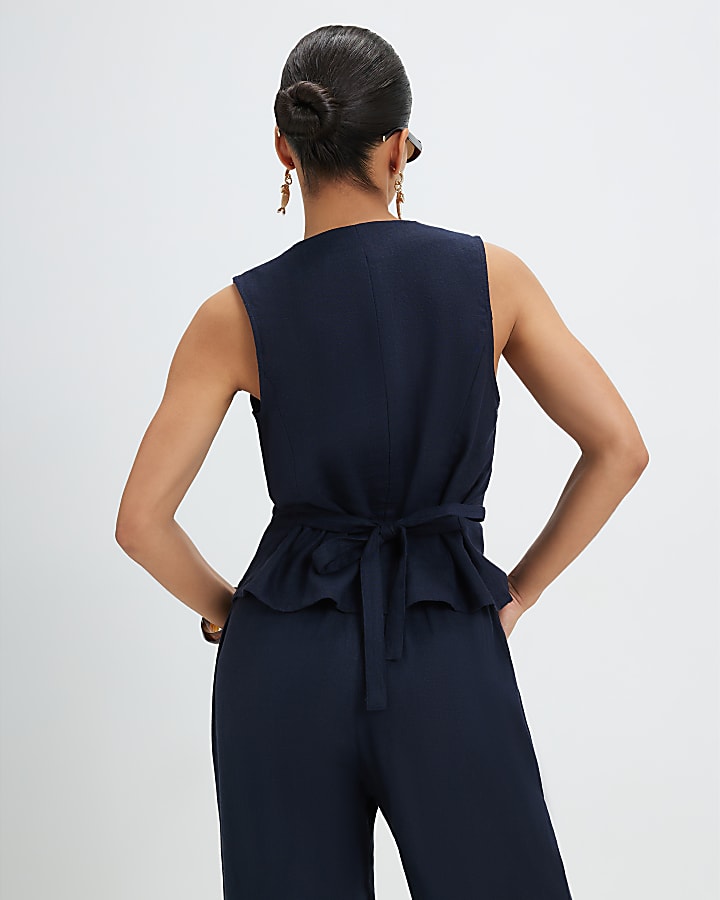 Petite Navy Linen Blend Waistcoat