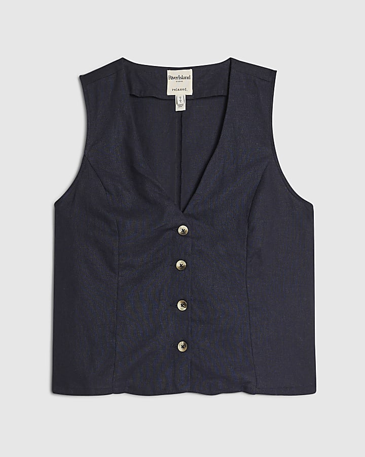 Petite Navy Linen Blend Waistcoat