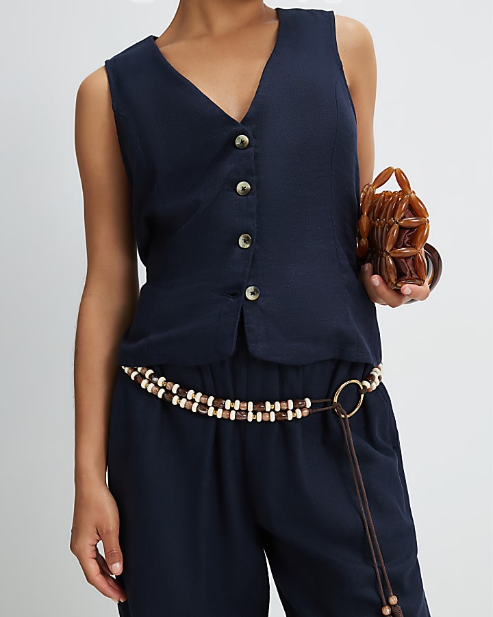 Petite Navy Linen Blend Waistcoat