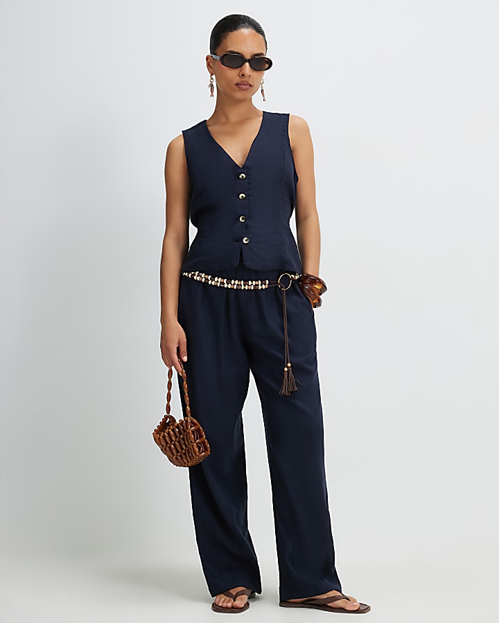 Petite Navy Linen Blend Waistcoat