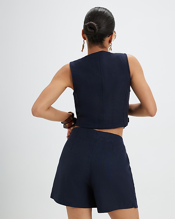 Petite Navy Linen Blend Skort