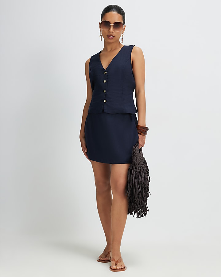 Petite Navy Linen Blend Skort