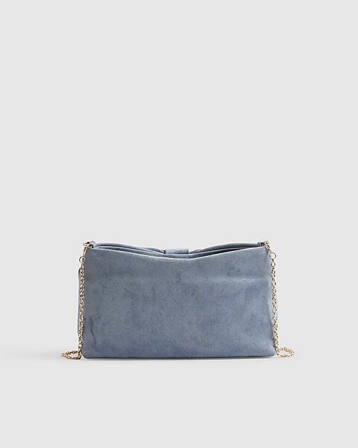 Blue Faux Suede Bow Clutch Bag